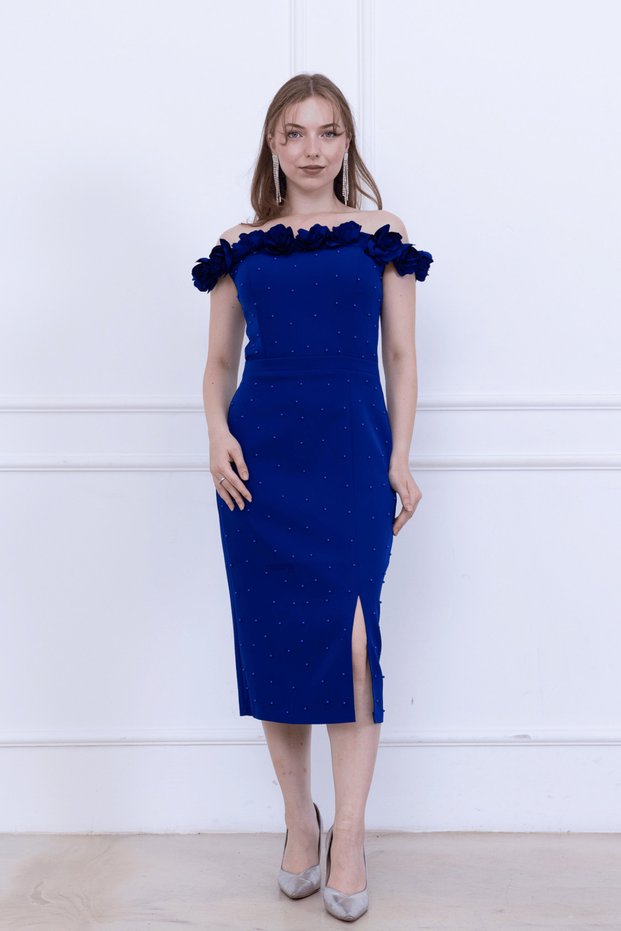 Atlas Floral Pearl Detailed Pencil Long Dress - S Cobalt Blue