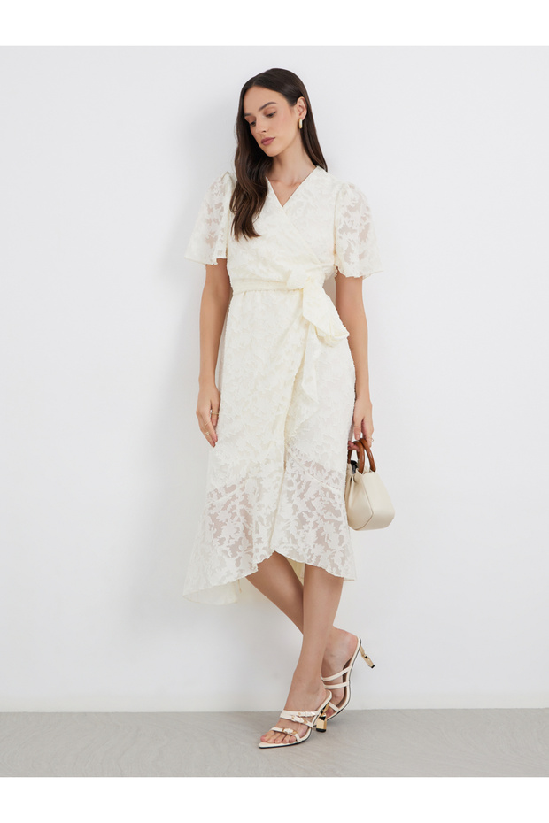 Floral Jacquard Detail Wrap Midi Dress