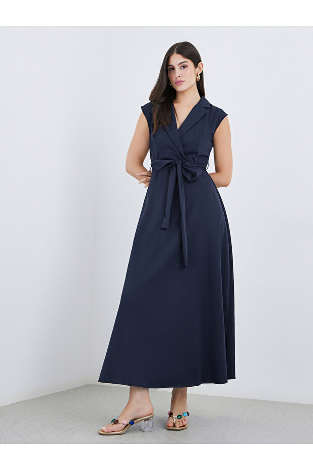 Solid Sleeveless Blazer Maxi Dress with Waist Tie