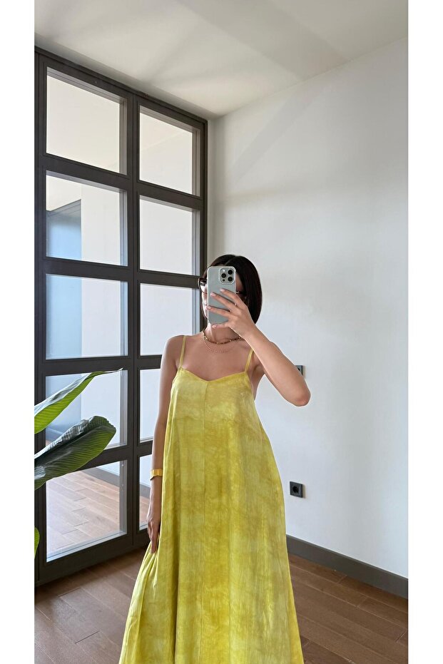 Premium Askılı Sarı Elbise - 2