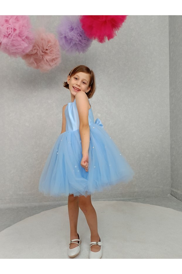 Girl's Evening Dress Island, Baby Blue Skirt with Pearls, Tutu Dress