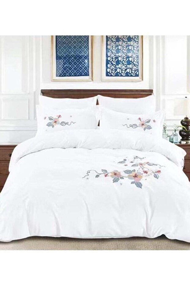SOFT & LUXURIOUS 6 PC KING SIZE EMBROIDERED WHITE FLORAL ROYALTY COMFORTER SET