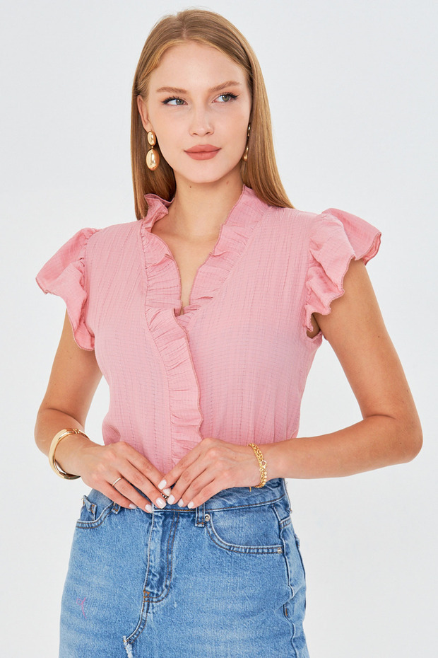 Women's Powder Collar and Ruffled Sleeves Blouse Arm-25Y001063