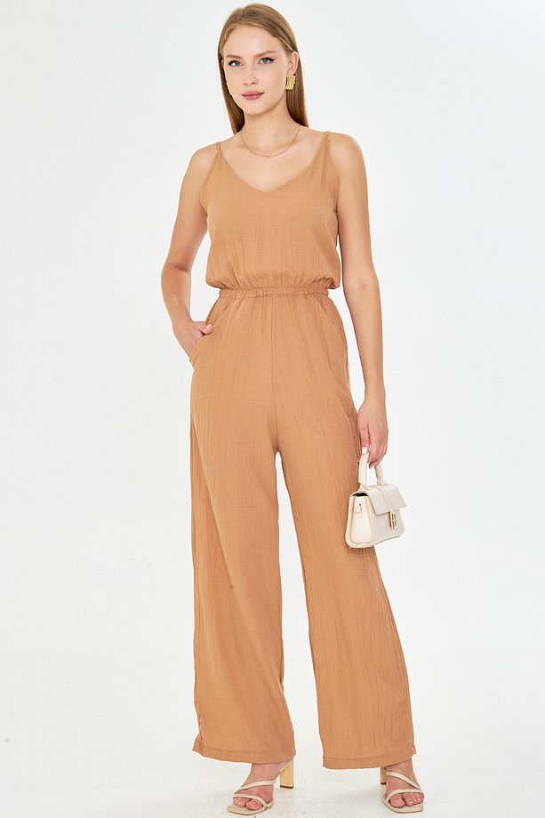 Kadın Camel Ön Arka V Yaka Askılı Beli Lastikli Cepli Astarlı Tulum ARM-24Y001100 - 1