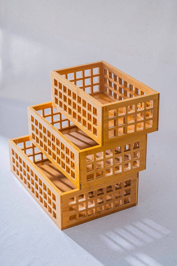 صندوق منظم مستطيل من الخيزران مكون من 3 قطع - 1