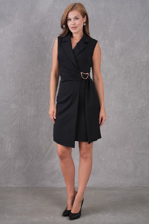 Double Fabric Double Breasted Neckline with Sash and Accessories Design Sleeveless Black Mini Jacket Evening Dress 77138