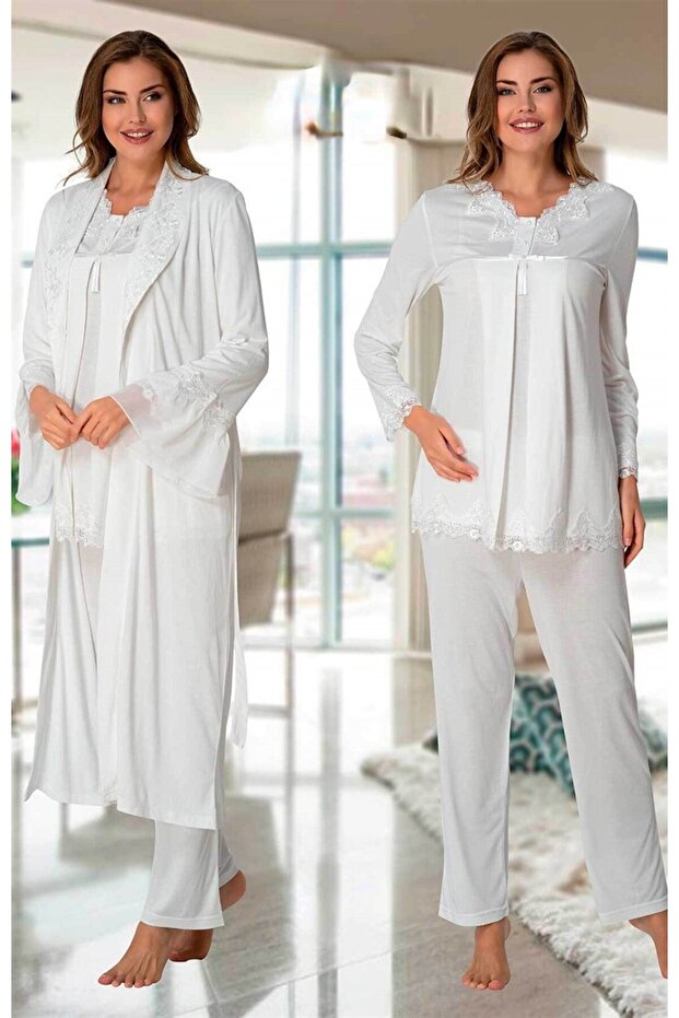 Women's Ecru Long Sleeve Lace Maternity Maternity 3-Piece Pajama Set