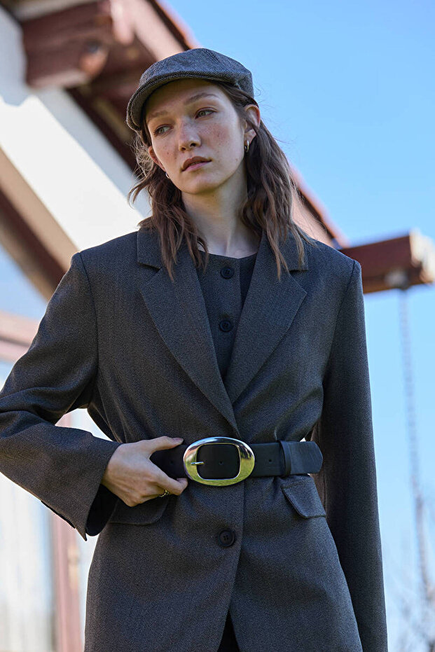 Black Oval Buckle Detail Waist Belt