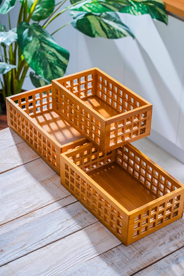 صندوق منظم مستطيل من الخيزران مكون من 3 قطع - 4