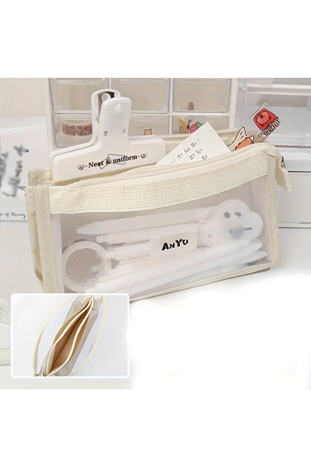 Transparent Mesh 5 Layer Pencil Case Pen Holder Stationery School Office Supplies