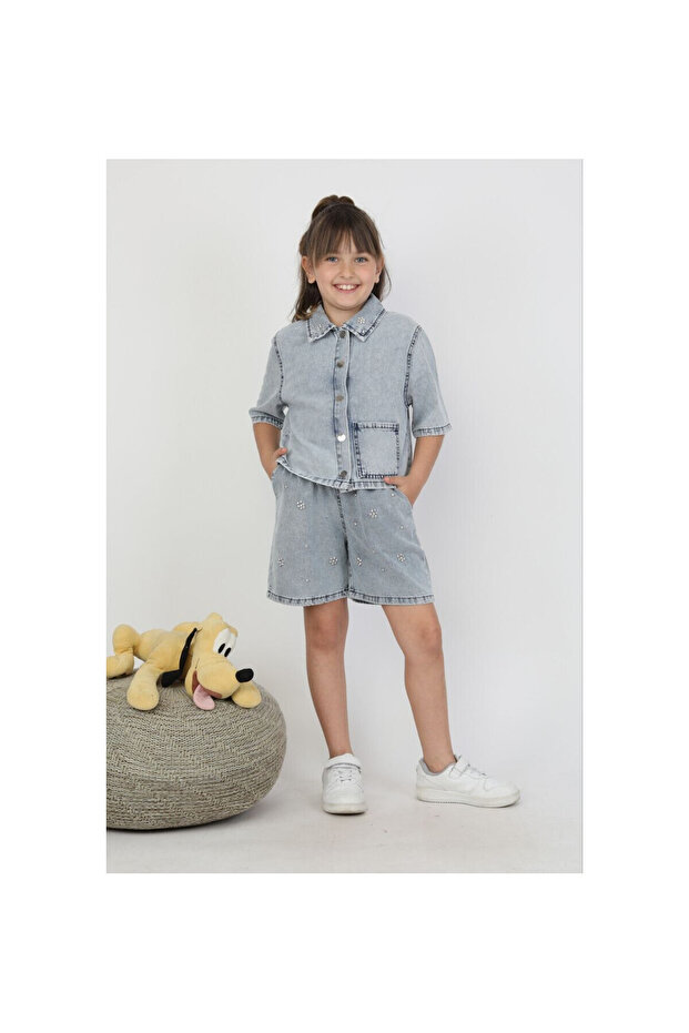 Girl's Stone Detail Shorts Denim Suit
