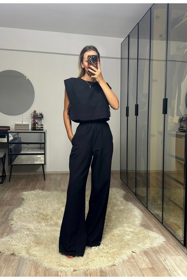 Hope Black Bamboo Linen Blouse Pants Set