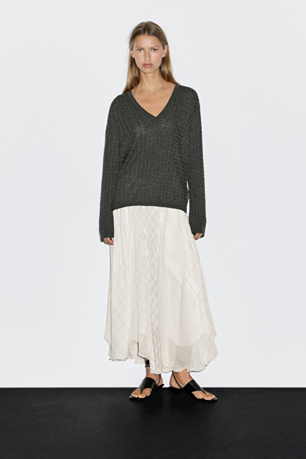 Asimetrik kareli midi etek - 1