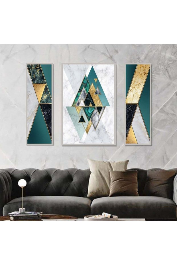 Three geometric canvas panels with a hollow silver frame
