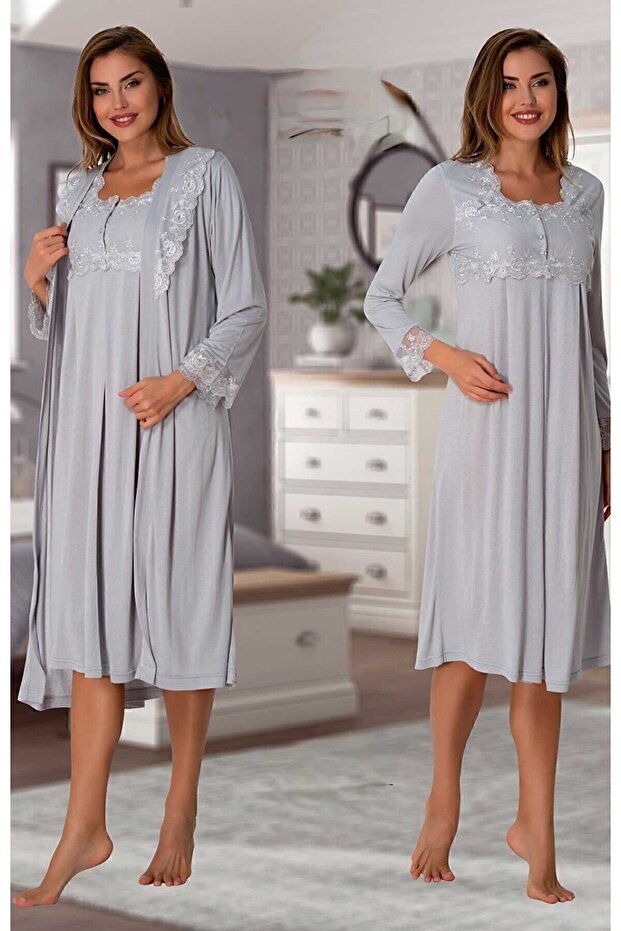 Gray Robe-Style Cotton Maternity and Breastfeeding Nightgown Set