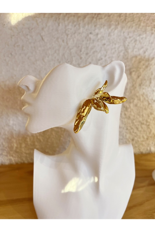 3D Yabani Çiçek Model 14K Altın Renginde Model Küpe 1 Çift - 4