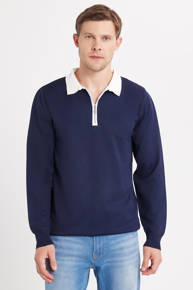 Men's Standard Fit Long Sleeve Half Zip Polo Neck Navy Blue Sweater