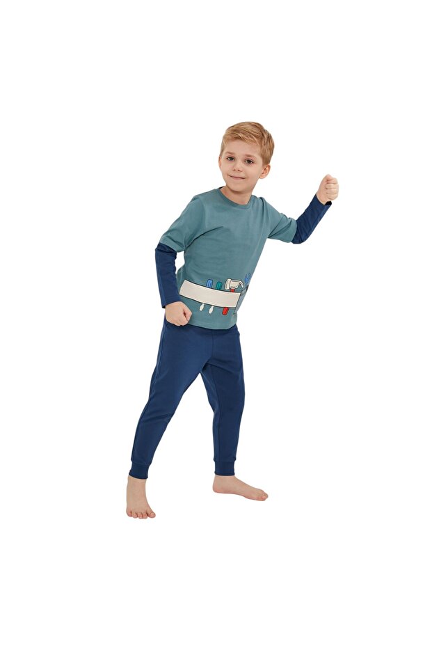 Tool Team Mavi Erkek Çocuk Uzun Kol Pijama Takım - 3