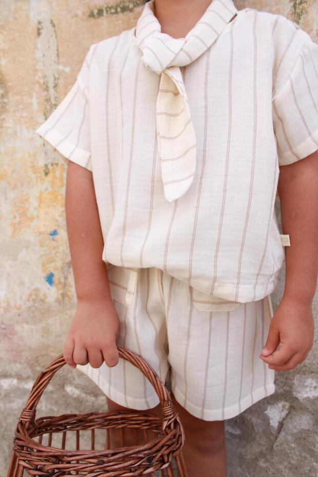 Beige Striped Collar Tie-Up Bottom Top Set