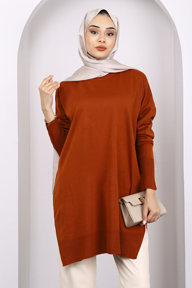 Kiremit Bisiklet Yaka Merserize Salaş Triko Tunik - 3