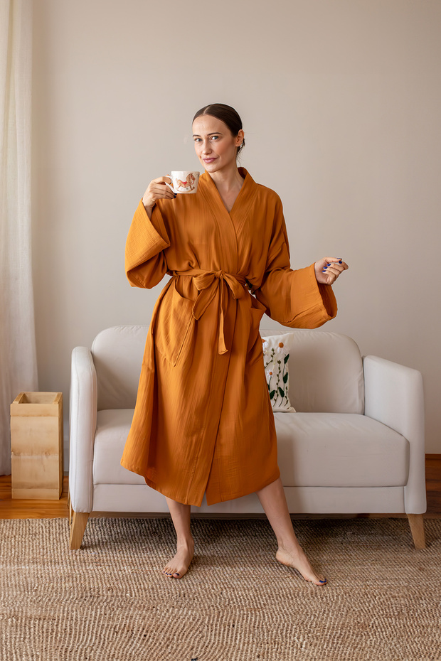 2 Layers Muslin Woven 100% Cotton Unisex Kimono Bathrobe, Breathable and Light Fabric