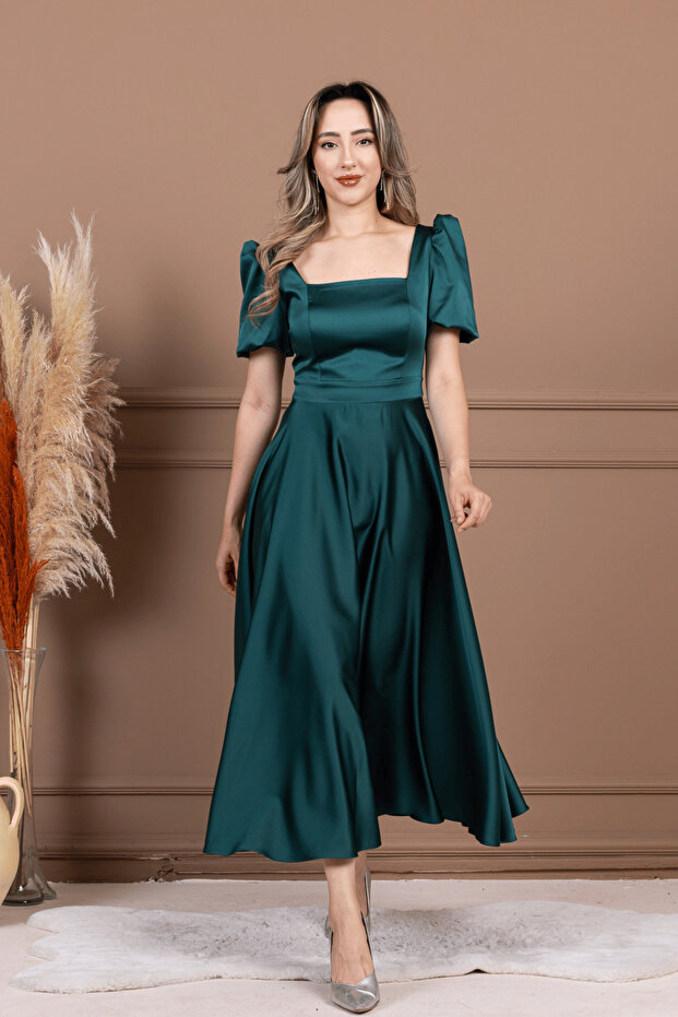 Satin Square Neck Balloon Sleeve Midi Dress - Emerald Green