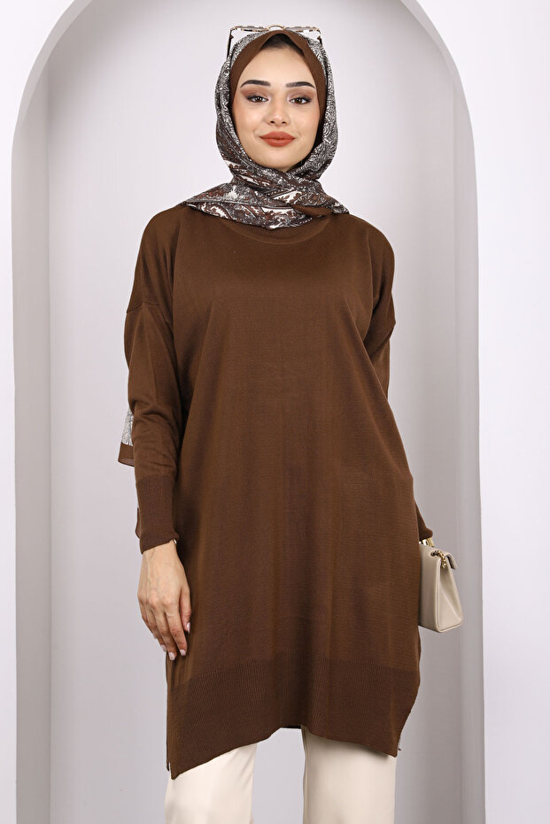 Kahverengi Merserize Salaş Triko Tunik - 1