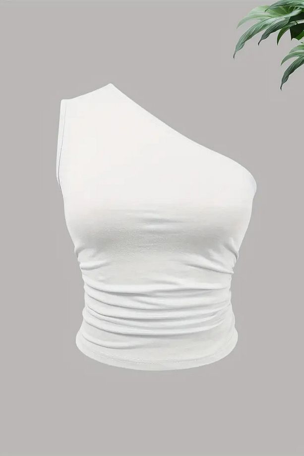 Kadın Beyaz Tek Omuzlu Basic Dar Kesim Slim Fit Bluz - 2