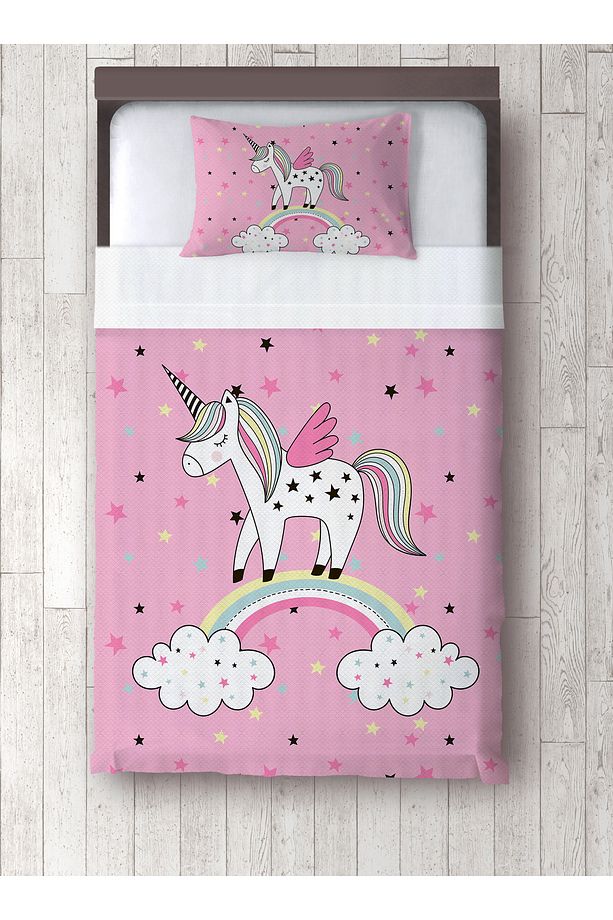 Pembe ÜNİCORN Desenli Tek Kişilik PİKE ve YASTIK KILIFI Yatak Örtüsü Takımı - 2