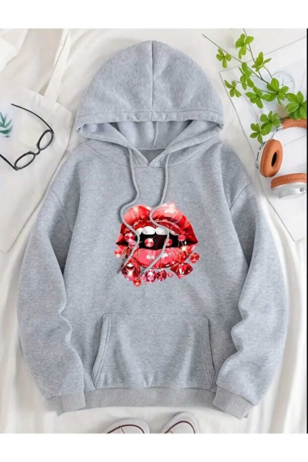 Diamond Lip Printed Hooded Pocket Cotton Gray Sweatshirt