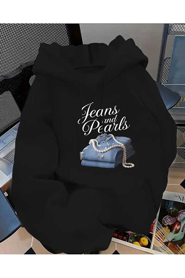 Jeans and Pearls Printed Hooded Pocket Inside Wool Black Sweatshirt