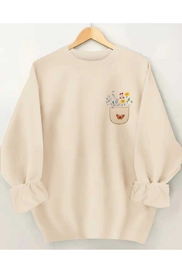 Floral Pocket Chest Printed Crew Neck Beige Sweatshirt