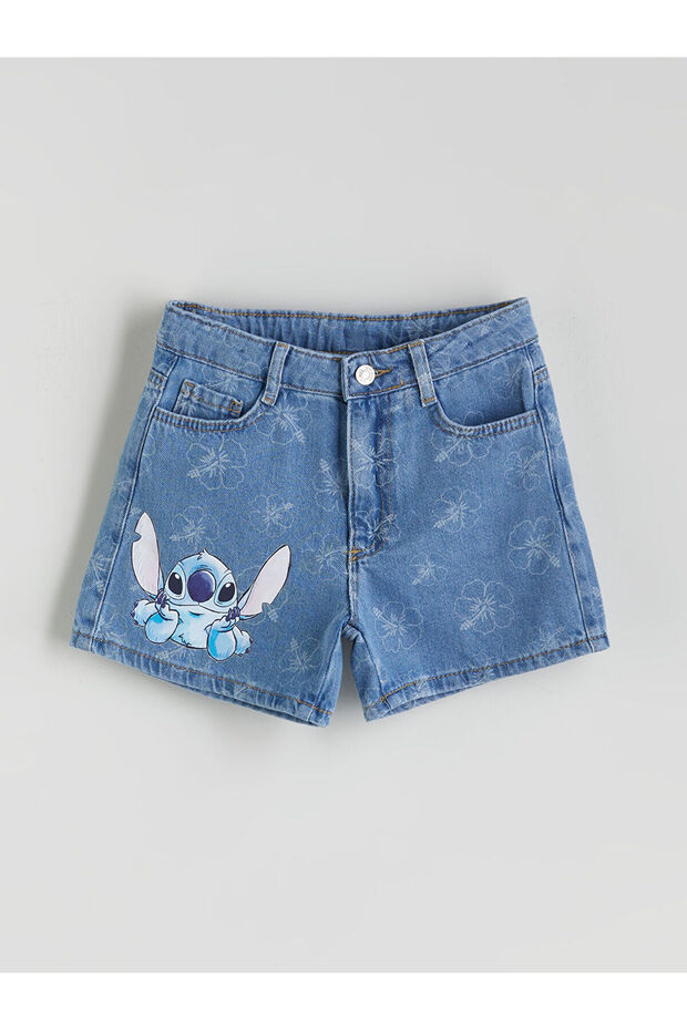 Stitch Baskılı Kız Çocuk Jean Şort - 1