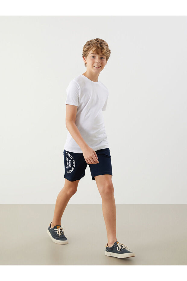 Lcw Kids Navy Blue Elastic Waist Tokyo Printed Boys Shorts