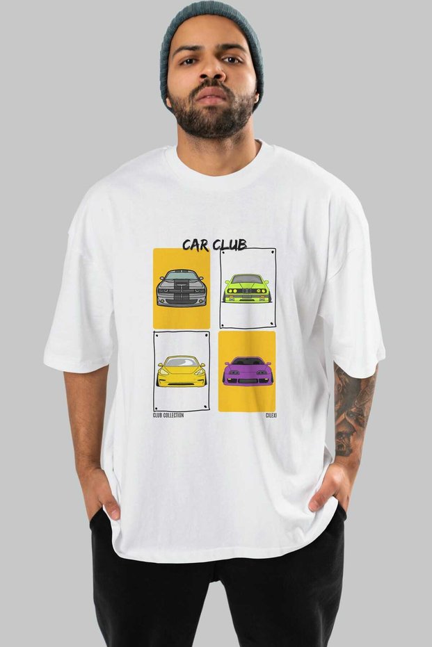 Car Club Front Printed White Oversize T-Shirt Men's Women's 100% Cotton Crew Neck T-Shirt
