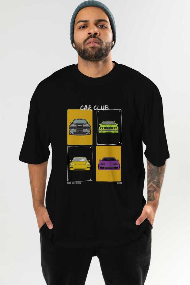 Car Club Front Printed Black Oversize T-Shirt Men's Women's 100% Cotton Crew Neck T-Shirt
