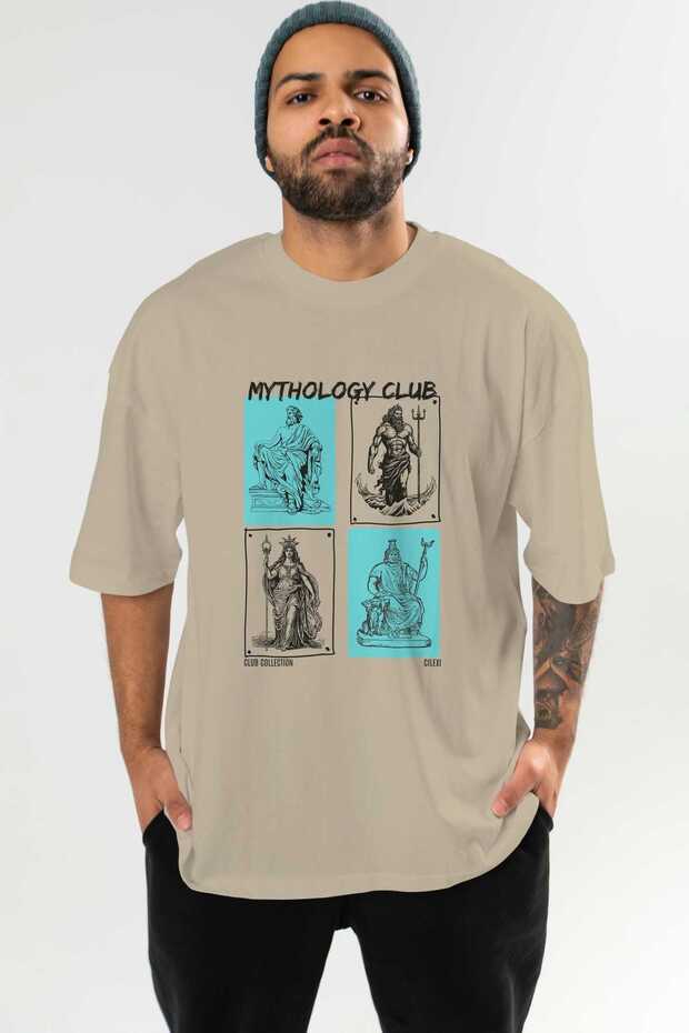 Mythology Club Front Printed Beige Oversize T-Shirt Men's Women's 100% Cotton Crew Neck T-Shirt
