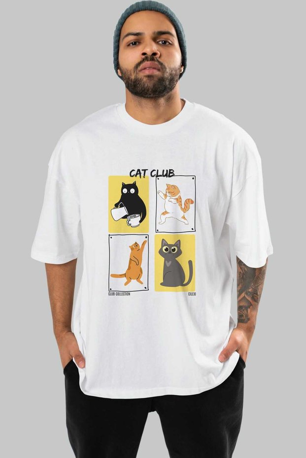 Cat Club Front Printed White Oversize T-Shirt Men's Women's 100% Cotton Crew Neck T-Shirt