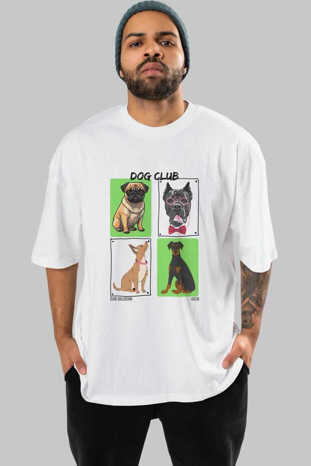 Dog Club Front Printed White Oversize T-Shirt Men's Women's 100% Cotton Crew Neck T-Shirt