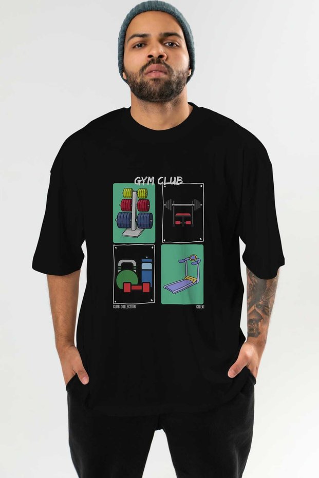 Gym Club Front Printed Black Oversize T-Shirt Men's Women's 100% Cotton Crew Neck T-Shirt