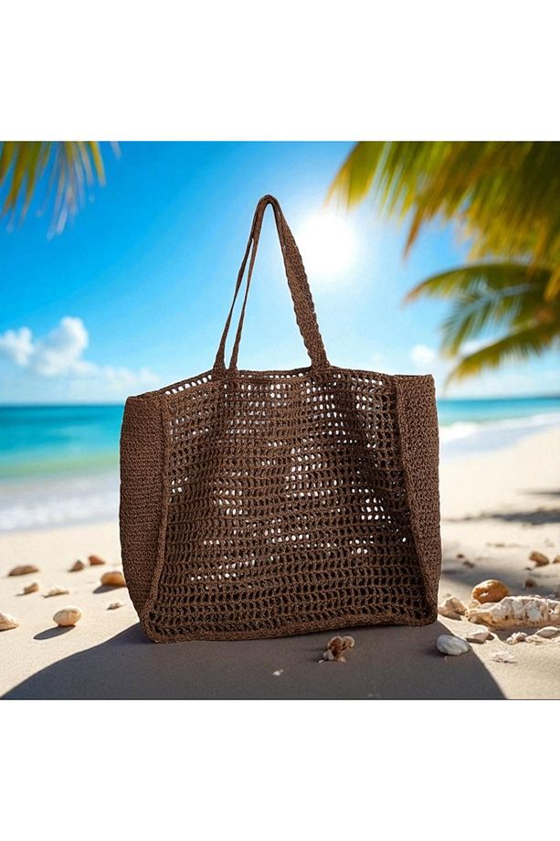 Hasır El Yapımı Örgü Çanta, Kadın Omuz Çantası, Plaj Çantası, Handmade Tasarım - 3