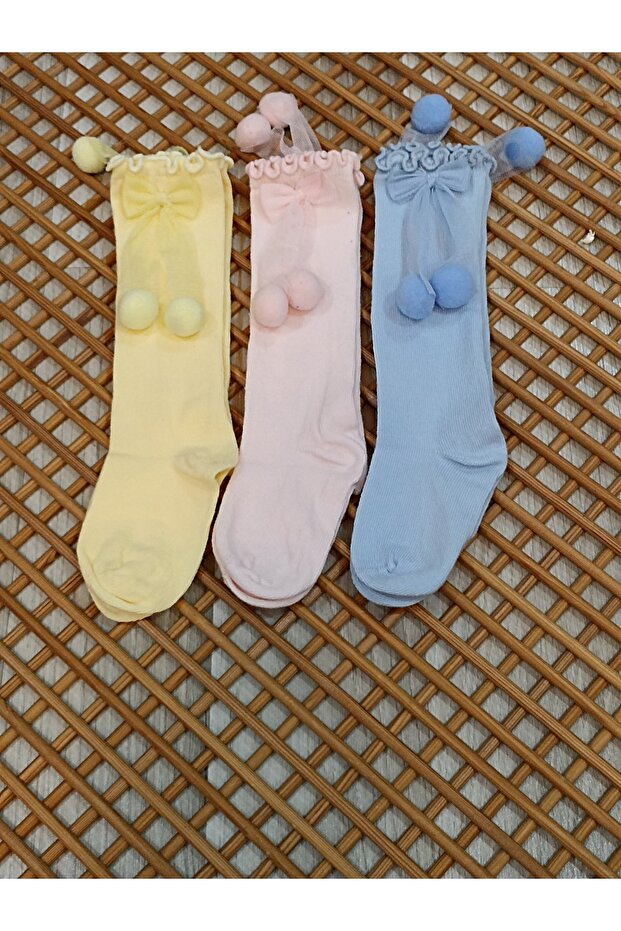 Pompom bow baby 3-piece knee high socks
