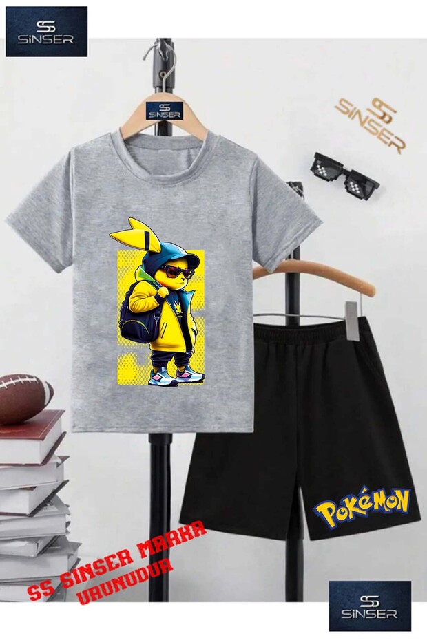 Children's Unisex “Pikhacu Cantali Yellow Fon“ Custom Printed Crew Neck T-Shirt - Shorts Set