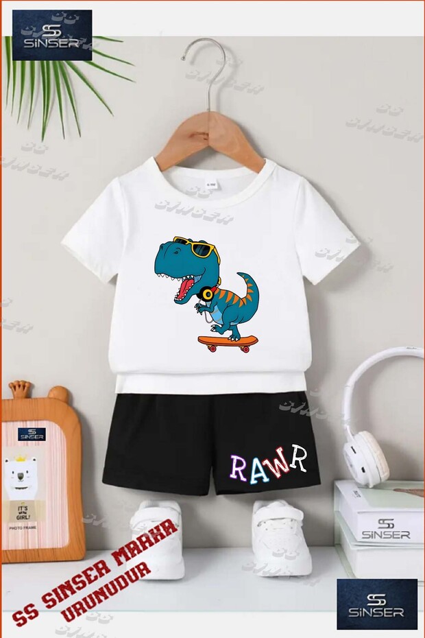 Kids Unisex “Rawr Dino Skateboarding“ Custom Printed Crew Neck T-Shirt - Shorts Set