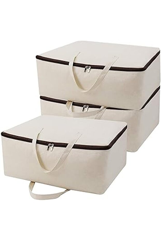 Breathable Cotton Storage Bags with Handles & 3-Side Zip, for Clothes and Bedding, 3pcs Beige