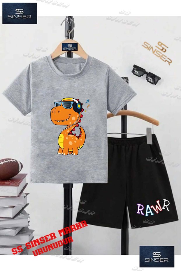 Kids Unisex “Rawr Dino Headphones Orange“ Custom Printed Crew Neck T-Shirt - Shorts Set