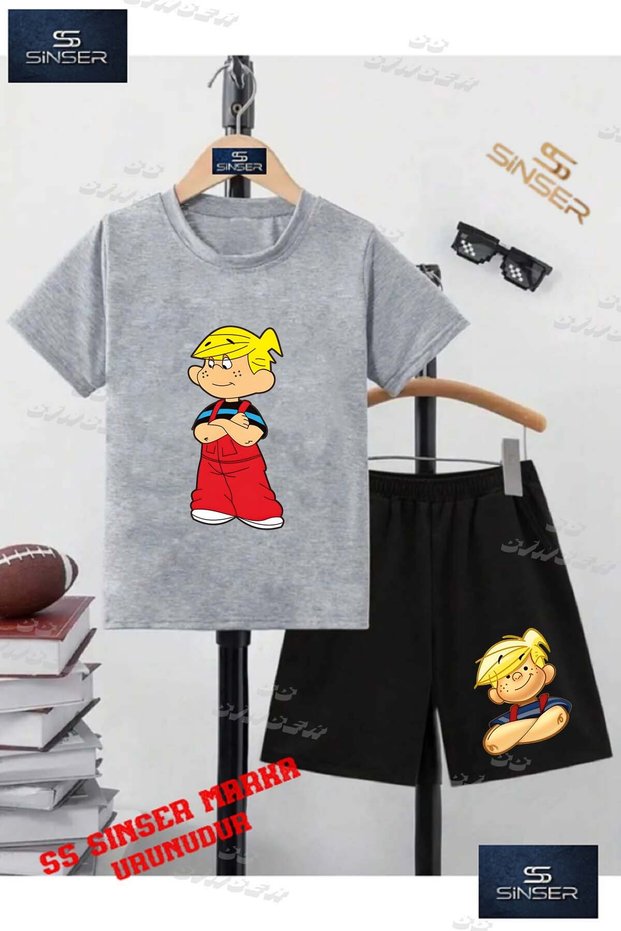 Children's Unisex “Denis Children's Hands Tied“ Special Printed Crew Neck T-Shirt - Shorts Set