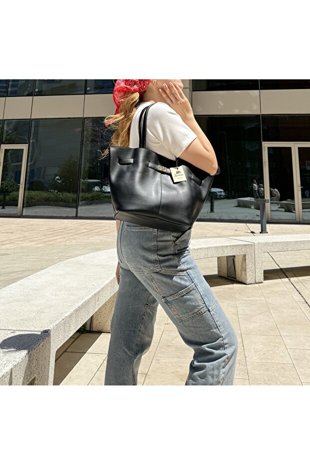 Women's Leo Model Nubuck Lock Detailed Hand and Shoulder Bag