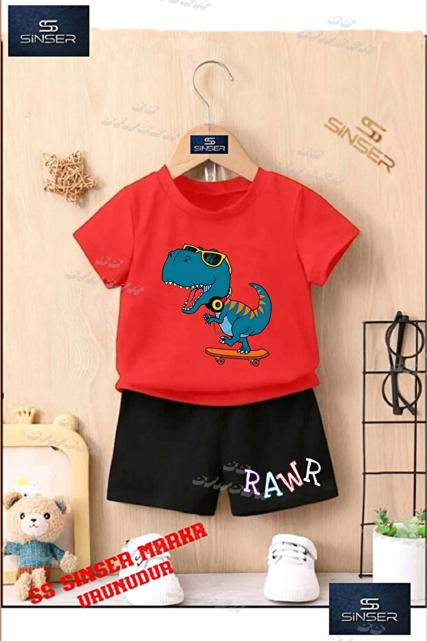 Kids Unisex “Rawr Dino Skateboarding“ Custom Printed Crew Neck T-Shirt - Shorts Set