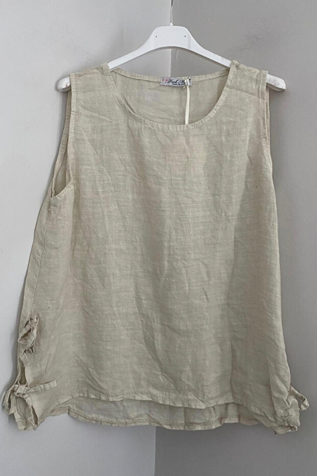 Women's Italian Beige Round Neck Plain Pattern Sleeveless Zero Sleeve Loose Linen Blouse